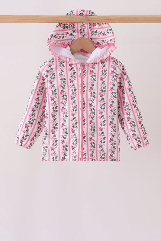 Pink Floral Stripe Ruffle Raincoat