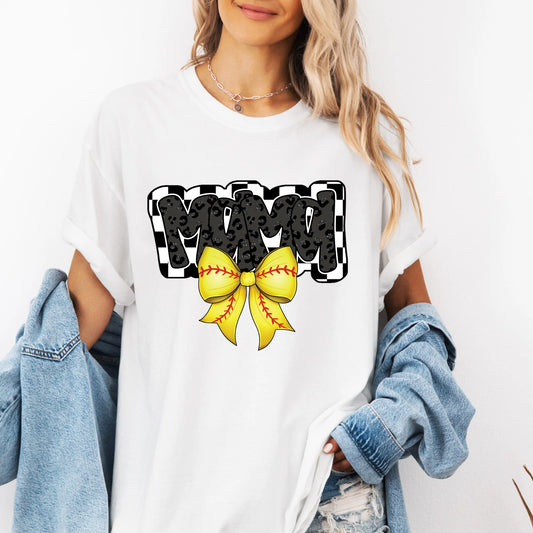 Checkered Softball Mama Bow